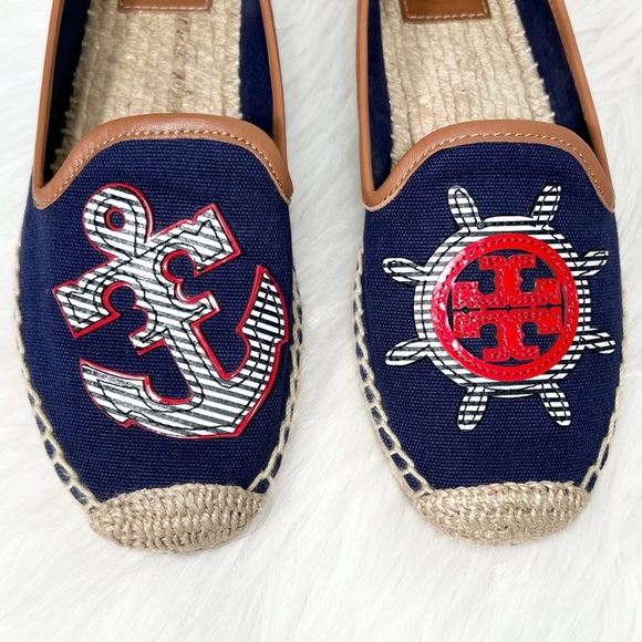 SOLD-Tory Burch Nautical Anchor & Logo Flat Slip On Navy Blue Canvas Espadrilles - Picture 2 of 10